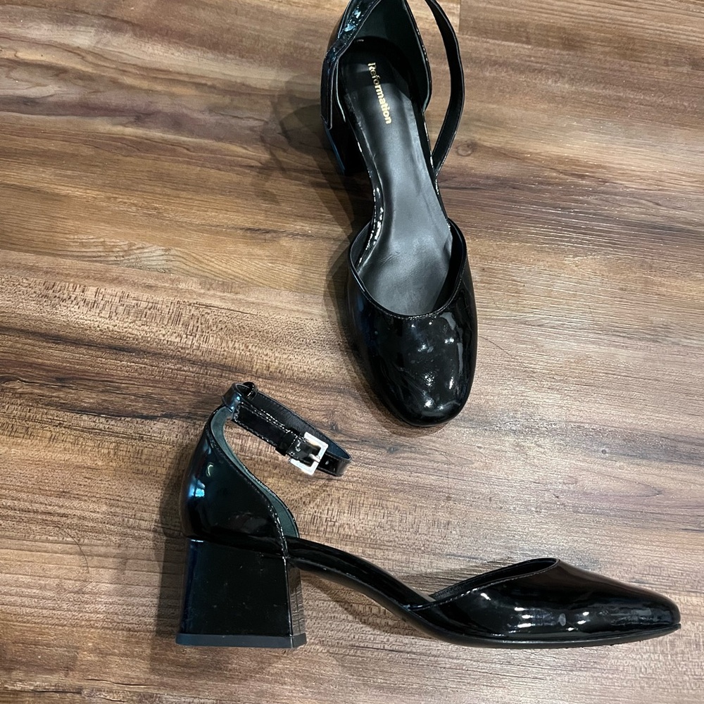 Reformation Black Patent Block Heel Ankle Strap Pumps
